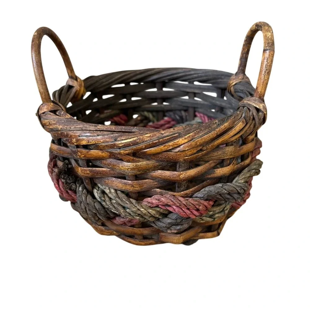 Vintage Round Small Basket Braided Colored Accent Decor Rustic Cottagecore 7